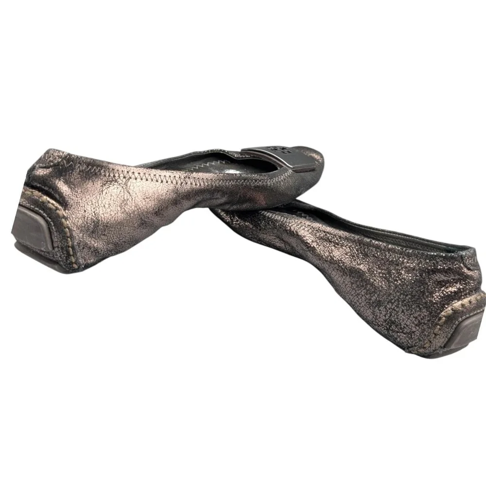 Tory Burch Ballet Flats Womens‎ 8.5M Anthracite Metallic Leather Round Toe